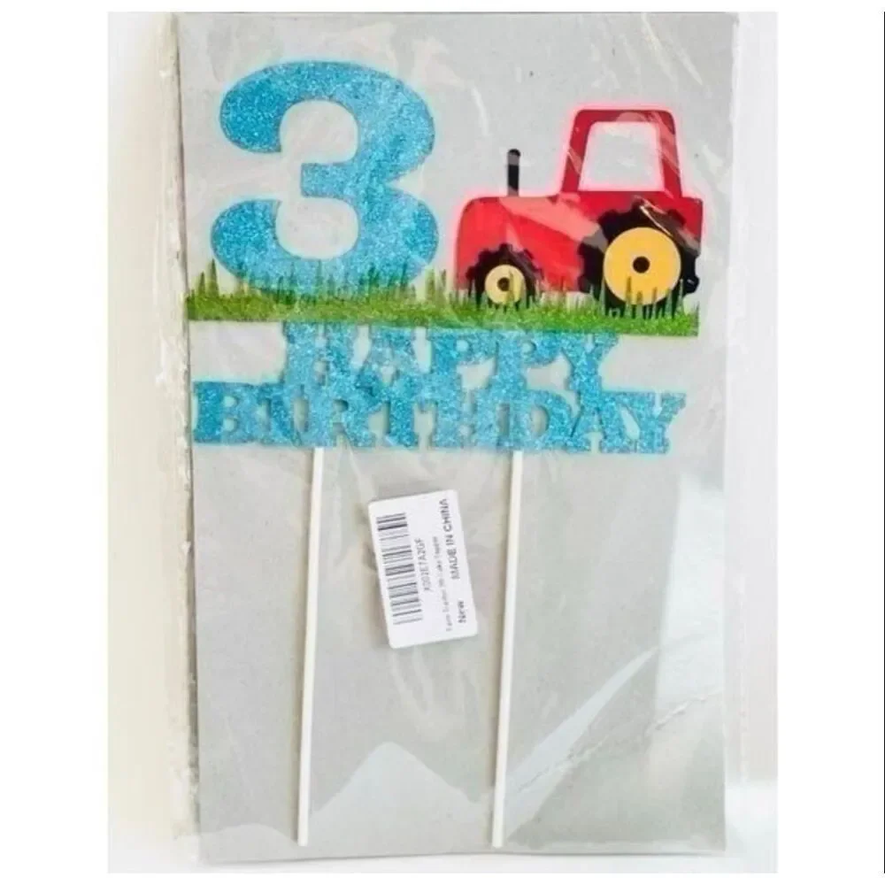 Brand New Happy 3rd Birthday Glitter Farm Tractor Cake Topper Decor